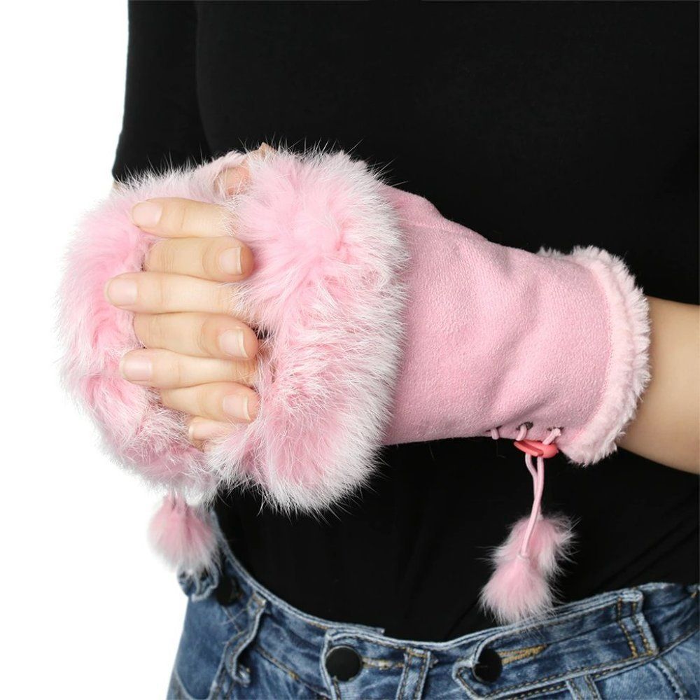 Pink Fingerless Faux Fur Warm Gloves